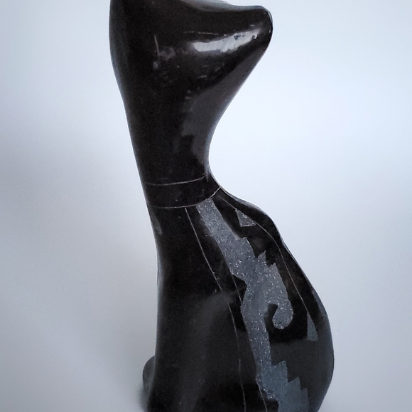 Black Clay Cat Figure, Vintage Mexican Pottery, Vtg Folk Art, Hand Etched Design - Picture 3 of 8